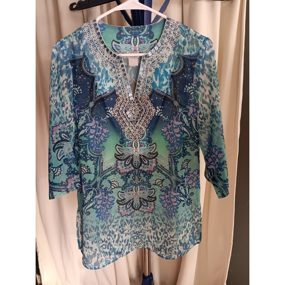 Chicos Size 00P Petite Sheer Embellished Coastal Tunic Top Tranquil Turquoise
